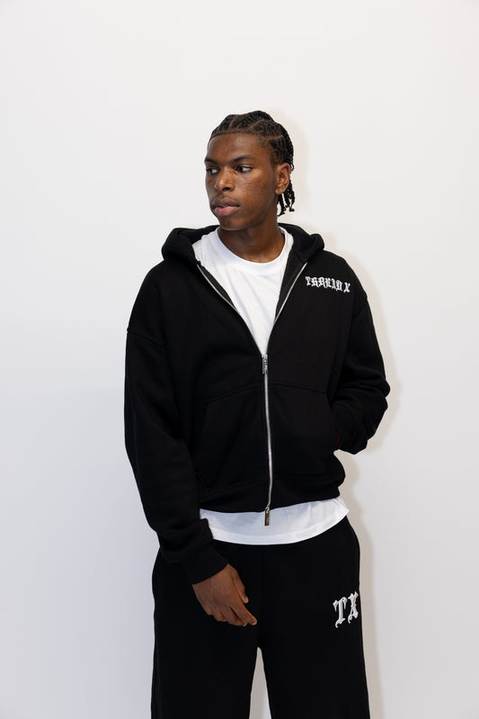 Men’s black double-zip hoodie with embroidered logo (front)